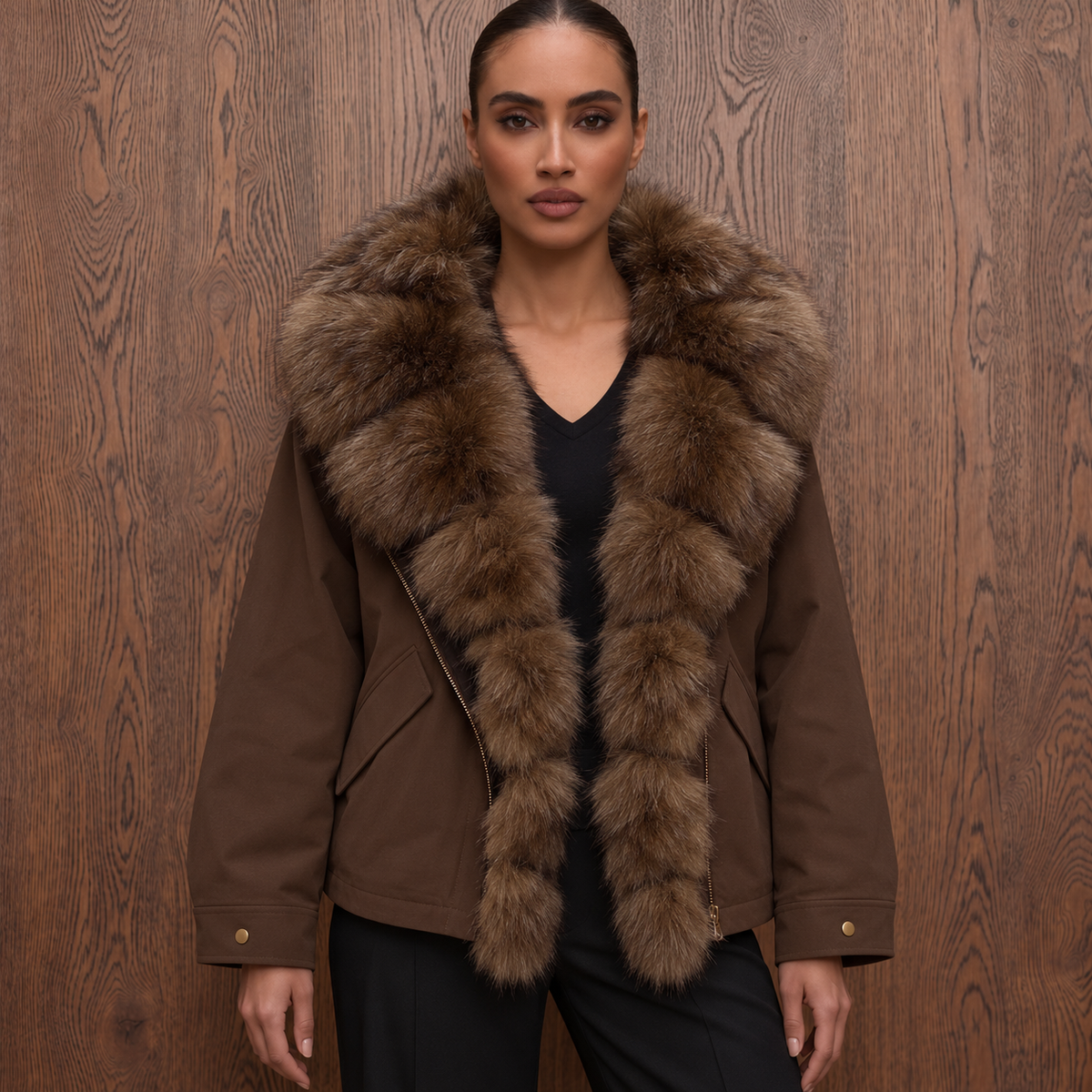 Jacheta oversized cu blana de vulpe