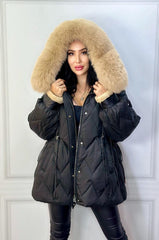 Winter Down Swan Jacket Fox Collar. Jacheta calduroasa de iarna cu puf de lebada si guler din vulpe KALINKA FURS