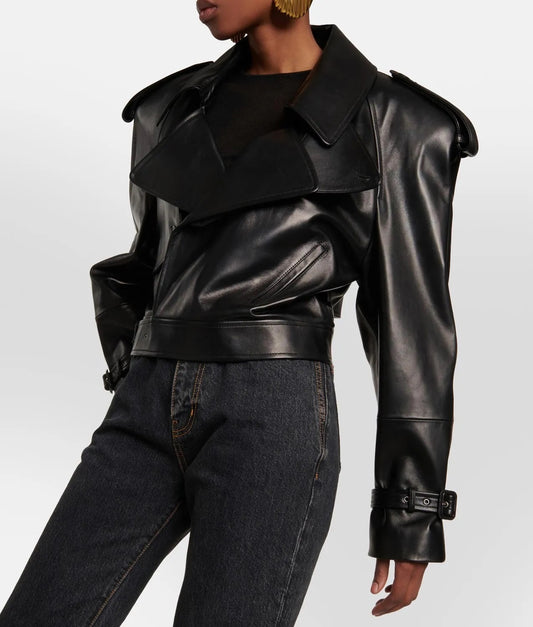 Belted Cropped Biker Jacket. Jacheta biker scurta din piele naturala