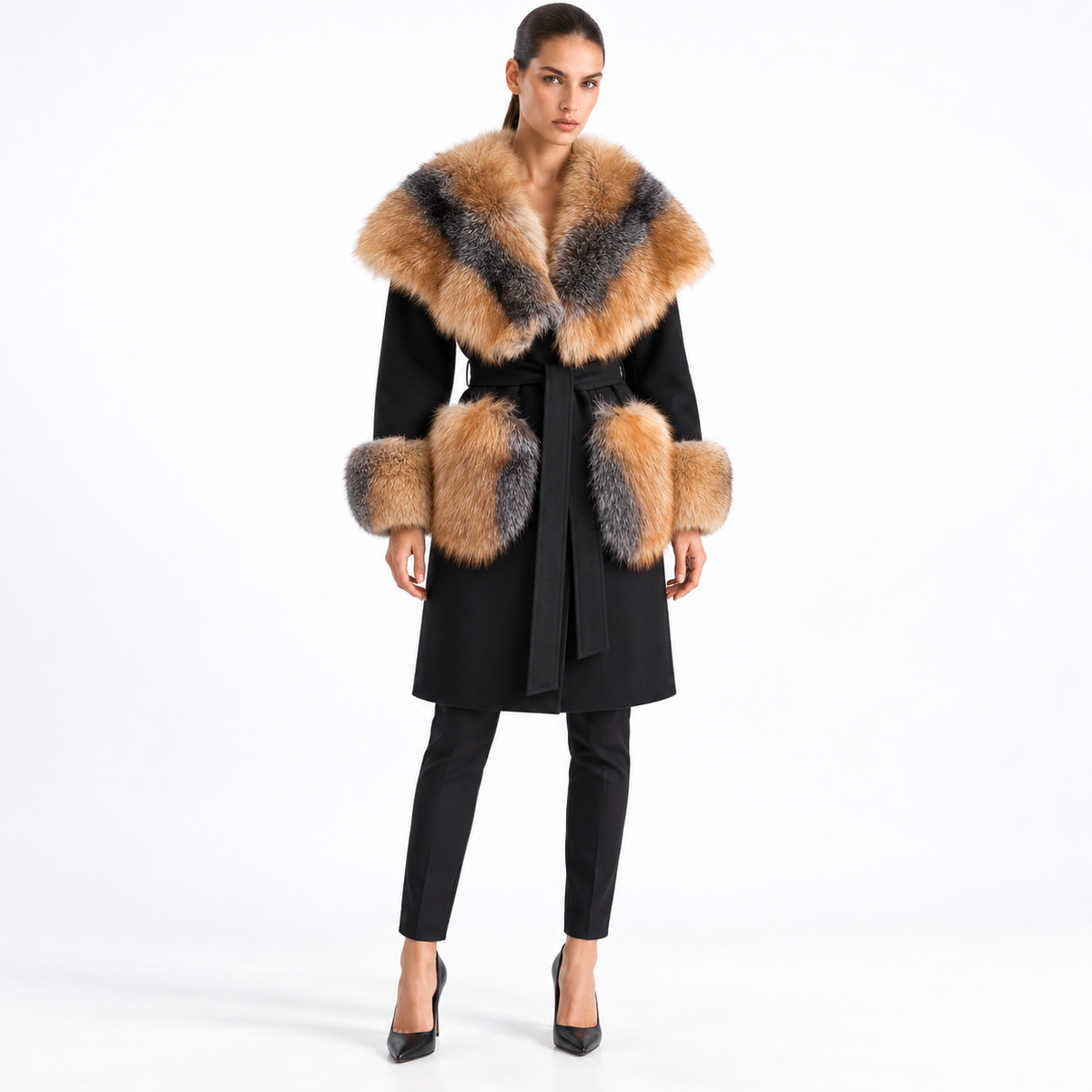 Cashmere coat with natural fox fur collar