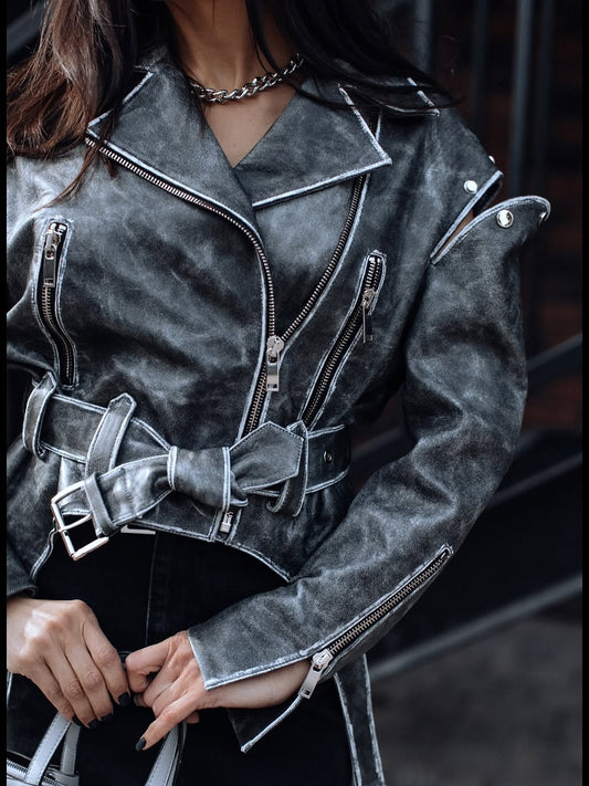 Simina natural vintage grey biker jacket with washed effect 