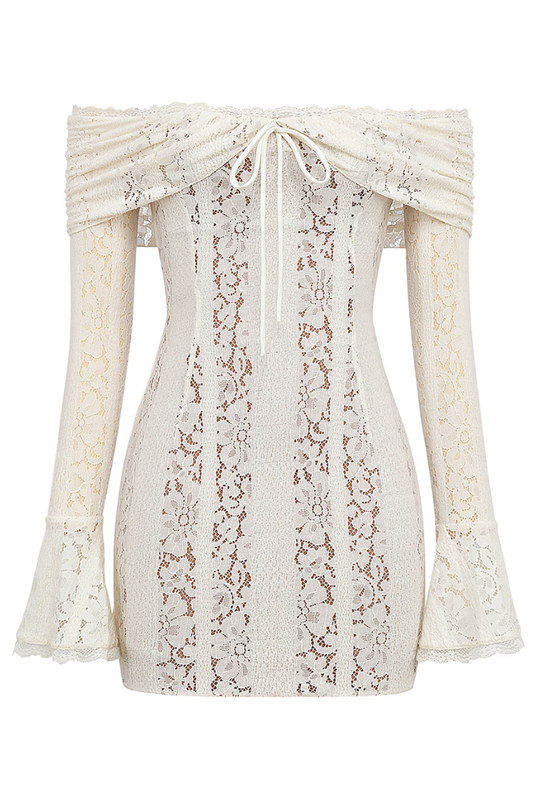 Eline Rochie mini cu dantelă florală și manșete evazate în culori neutre