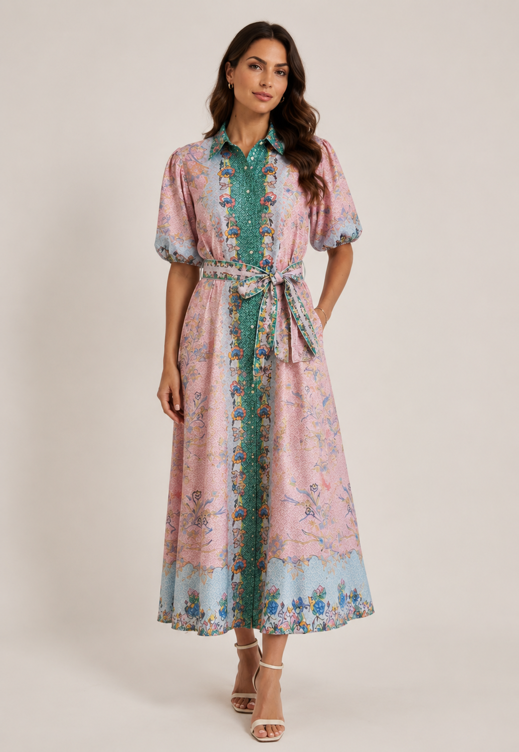 Rochie de vara midi, printata, cu cordon