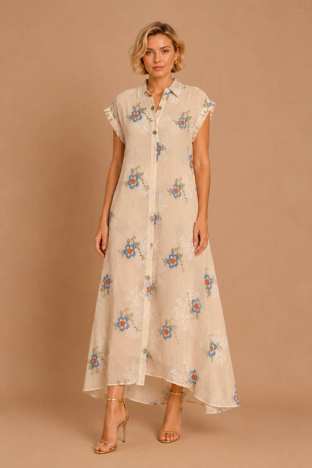 Elody  Rochie Lungă cu Broderie Florală