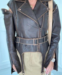 Natural Leather Jacket with Washed Effect. Geaca naturala biker vintage cu efect spalat KALINKA FURS