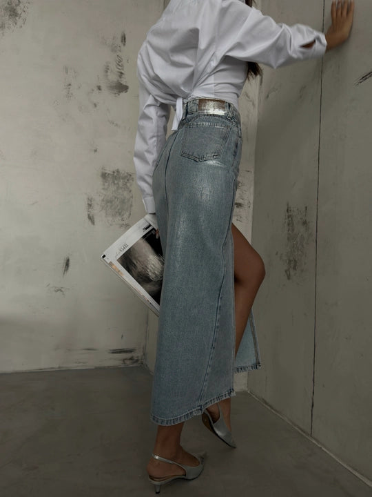 Foil Printed Slit Maxi Denim Skirt