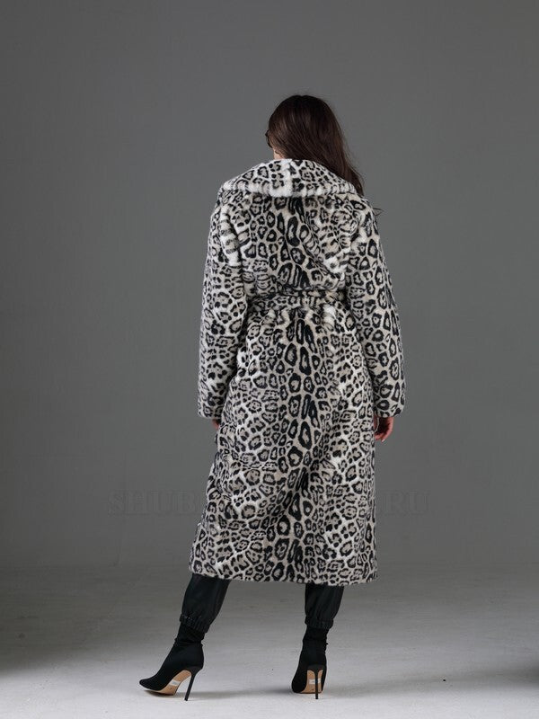 Women's Faux Fur Long Winter Coat Eco Lynx White Leopard