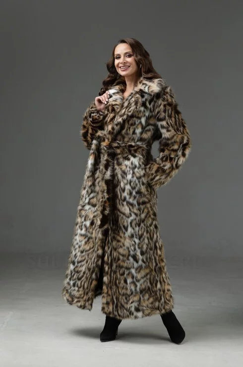 Women's Faux Fur Long Winter Coat Eco Lynx Leopard