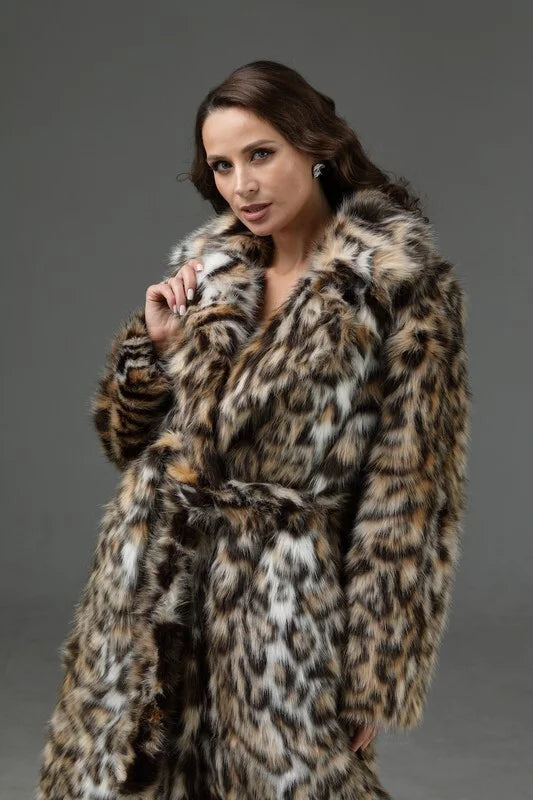 Women's Faux Fur Long Winter Coat Eco Lynx Leopard
