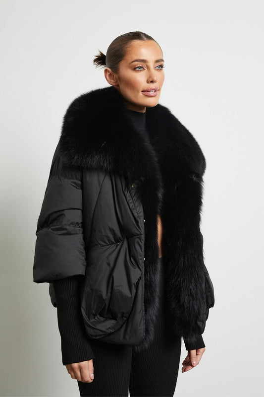 Goose down jacket with polar fox collar