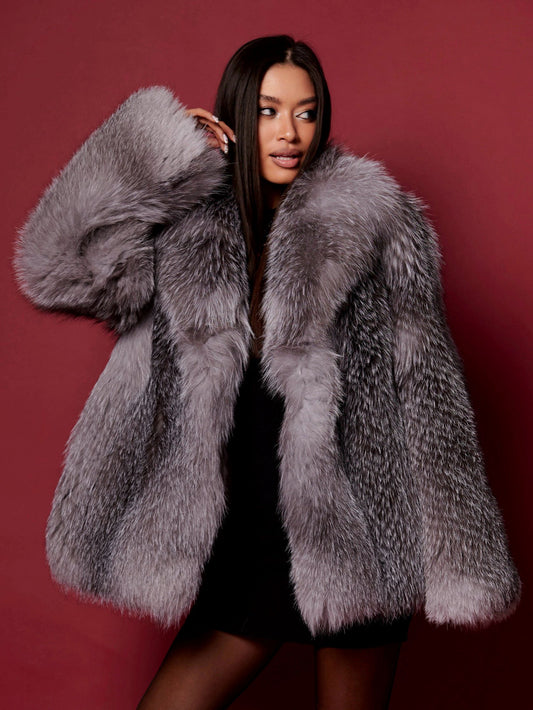 Georgia jacheta din blană naturală de vulpe argintie