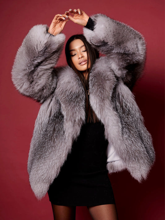 Georgia jacheta din blană naturală de vulpe argintie