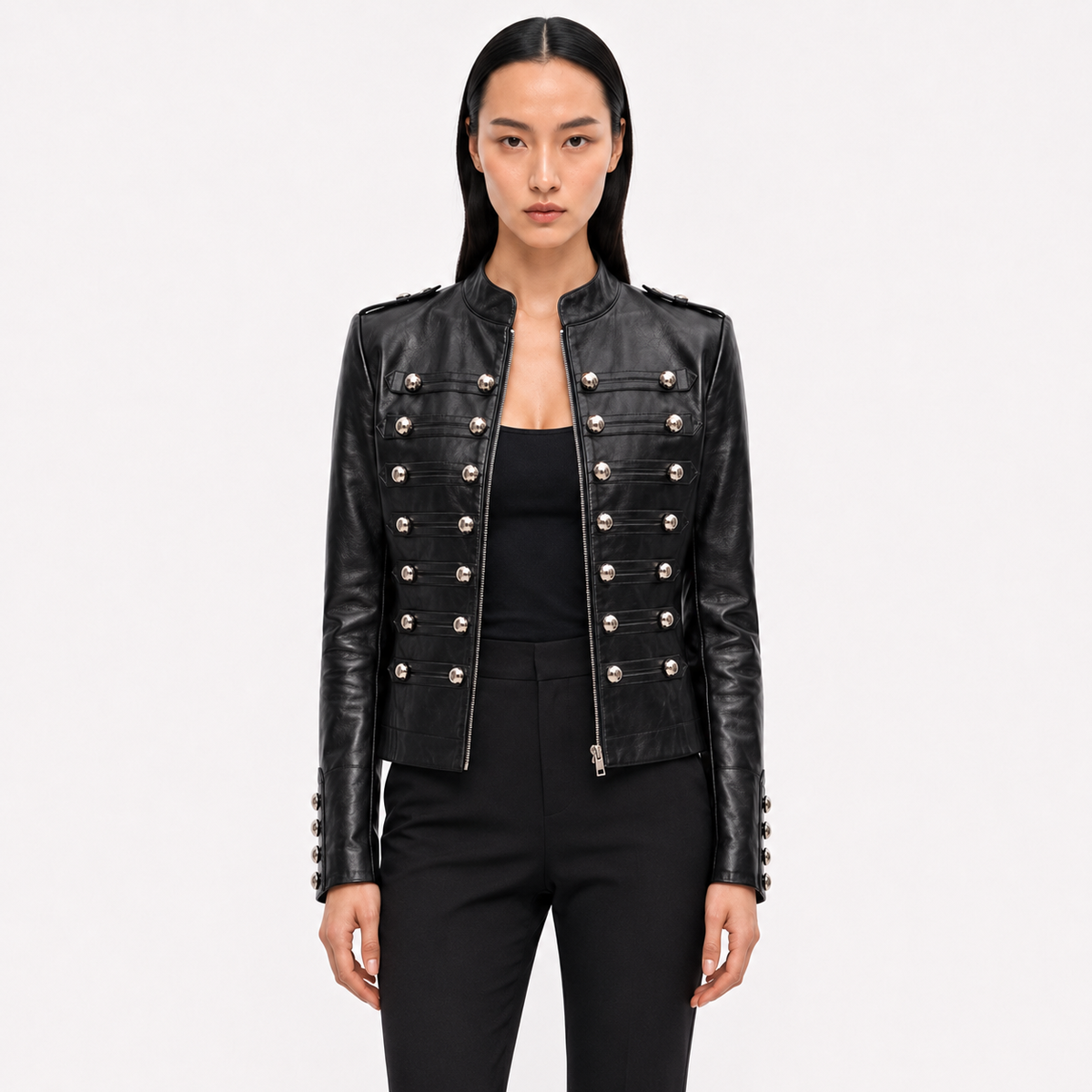 Jacheta din piele eco neagra cambrata