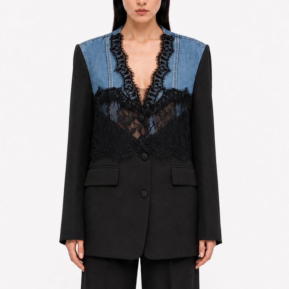 Sacou cu dantelă și inserții denim