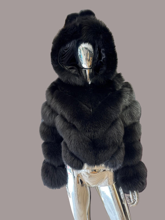 Striped polar fox jacket with hood