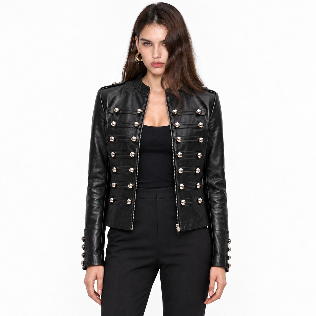 Taillierte schwarze Kunstlederjacke