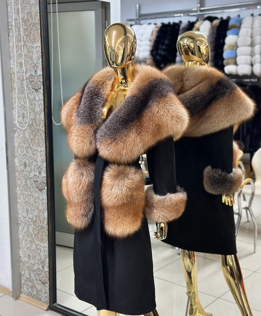 Cashmere coat with natural fox fur. Palton din cașmir cu blană naturală de vulpe KALINKA FURS