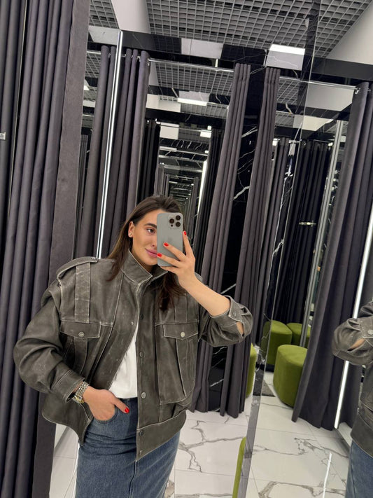 Leather Jacket. Gray color. Geaca din piele naturala. Culloarea gri KALINKA FURS