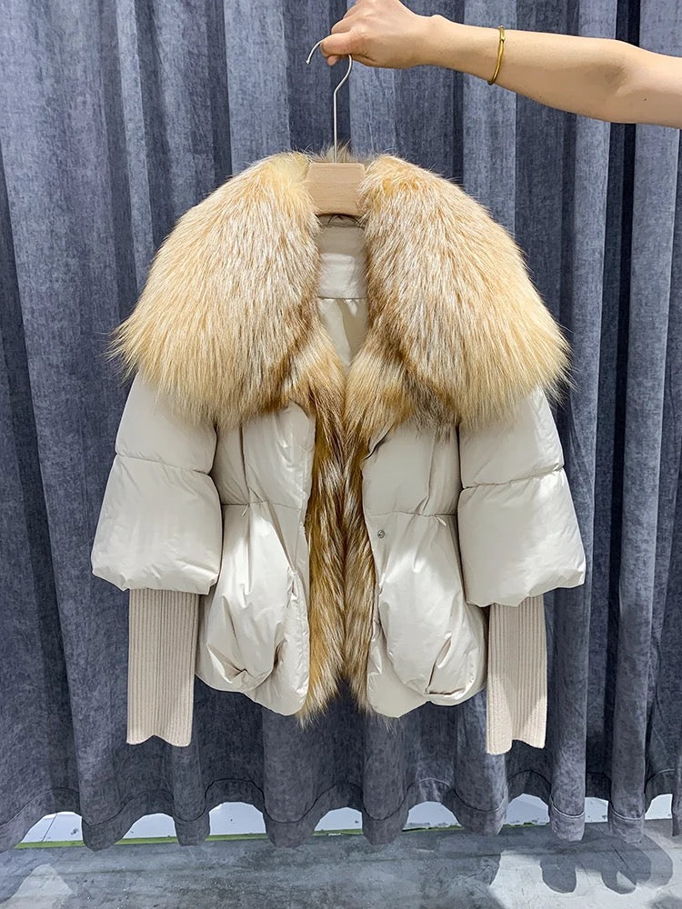 Goose down jacket with natural arctic fox collar. Jacheta cu puf de gasca si guler din vulpe polara KALINKA FURS