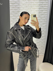 Natural Leather Jacket with Washed Effect. Geaca naturala biker vintage cu efect spalat KALINKA FURS