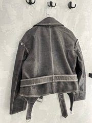 Natural Leather Jacket with Washed Effect. Geaca naturala biker vintage cu efect spalat KALINKA FURS