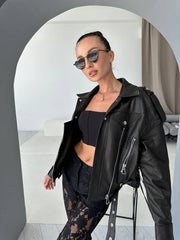 Oversized biker jacket. Geaca biker oversized din piele naturala cu sireturi si maneci detasabile KALINKA FURS