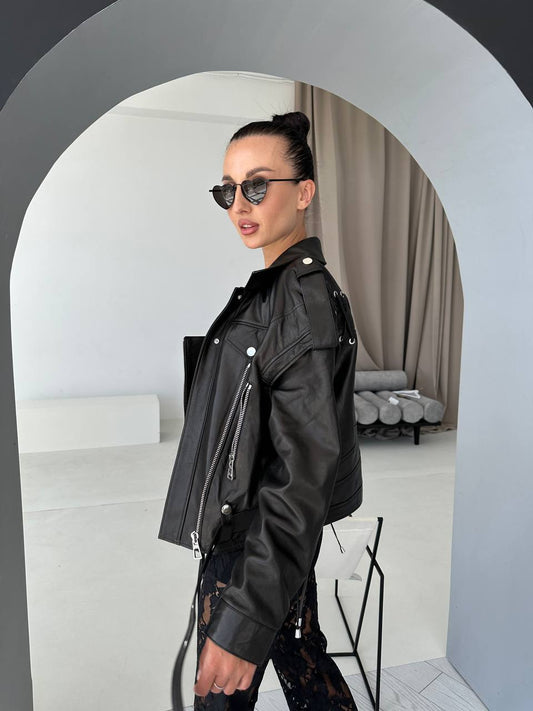 Oversized biker jacket. Geaca biker oversized din piele naturala cu sireturi si maneci detasabile