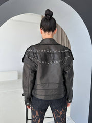 Oversized biker jacket. Geaca biker oversized din piele naturala cu sireturi si maneci detasabile KALINKA FURS