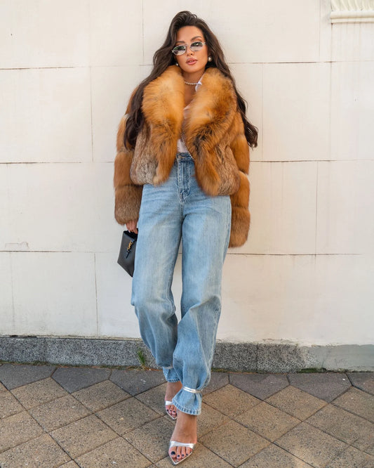 Roxane Haină din blană naturală de vulpe roșie, cu guler amplu