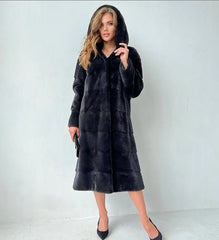 Mink Hooded Fur Coat. Haina din blana naturala de vizon cu gluga si revere. KALINKA FURS