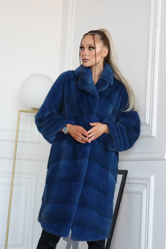 Mink fur coat in blue 180cm. Haina din blana naturala de vizon albastra 180cm KALINKA FURS
