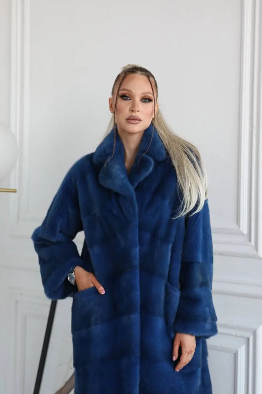 Mink fur coat in blue 180cm. Haina din blana naturala de vizon albastra 180cm KALINKA FURS