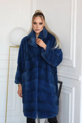 Mink fur coat in blue 180cm. Haina din blana naturala de vizon albastra 180cm KALINKA FURS