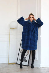 Mink fur coat in blue 180cm. Haina din blana naturala de vizon albastra 180cm KALINKA FURS