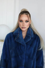 Mink fur coat in blue 180cm. Haina din blana naturala de vizon albastra 180cm KALINKA FURS