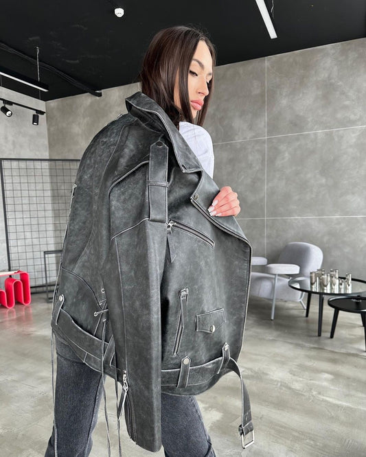 Medium biker jacket with laces. Jacheta biker cu efect washed KALINKA FURS