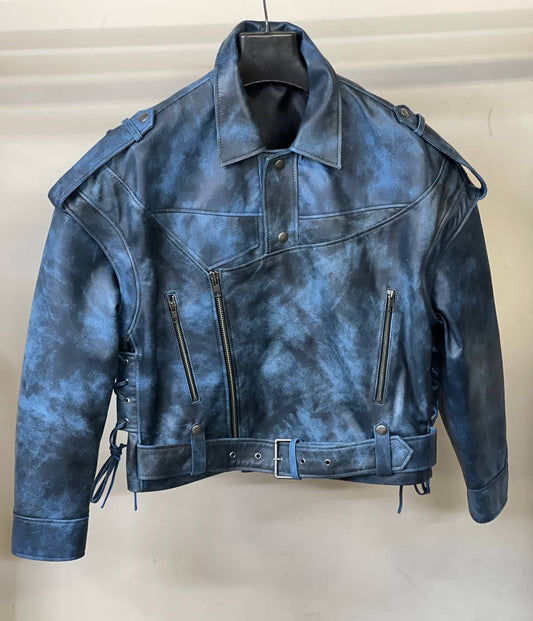 Vintage Blue Biker Jacket. Geaca vintage albastra cu maneci detasabile.