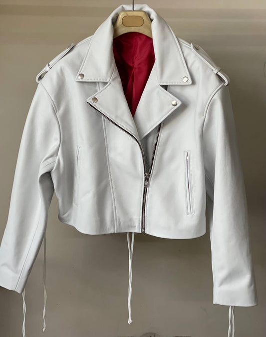 Biker Cropped Jacket in White with laces